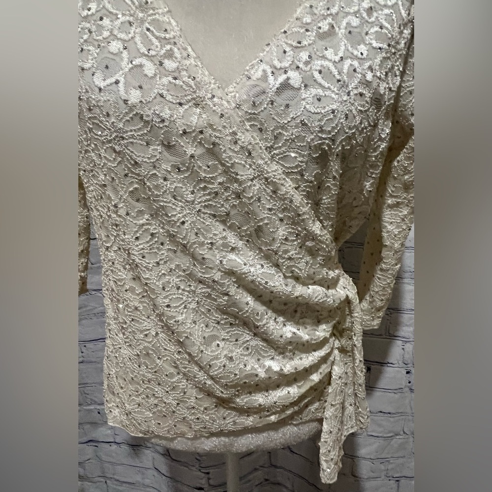 Brittany Black Vintage Top L Large Cream Ivory Glitter Floral Mesh 3/4 Sleeve - Picture 3 of 7